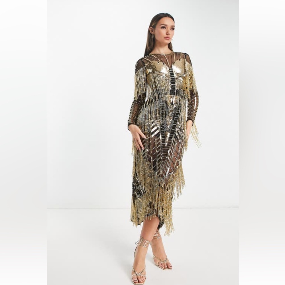 Asos Long Sleeve Black and Good Metallic Fringe Dress
